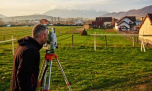 Licensed land surveyor conducting a topographic survey on a residential property lot before building an ADU