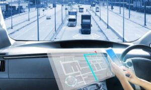 Digital HUD view showing how a robotaxi scans the road ahead using lidar mapping to understand street details in real time