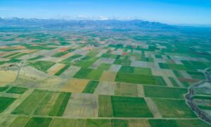 Aerial surveying view showing large land parcels and terrain patterns from above