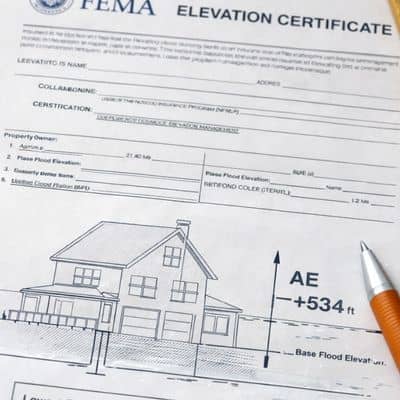 Official elevation certificate document showing Base Flood Elevation measurements and home elevation diagram