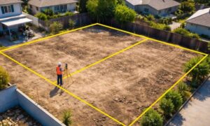Aerial view of a residential property with marked boundaries and a surveyor using equipment to complete a land survey