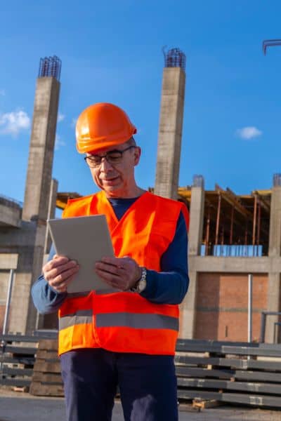 A construction surveyor using a tablet to review elevation and site layout data at an active building project