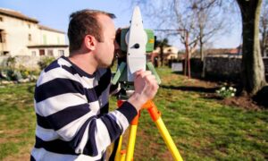 Licensed land surveyor measuring property boundaries using professional surveying equipment on a residential site