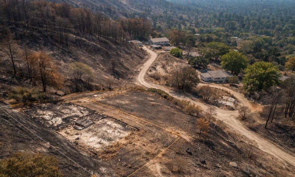Aerial view of wildfire-damaged land showing altered terrain, access roads, and boundary areas often reviewed during a due diligence survey