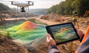 Drone and LiDAR mapping workflow used in modern land surveying to capture terrain data and site conditions