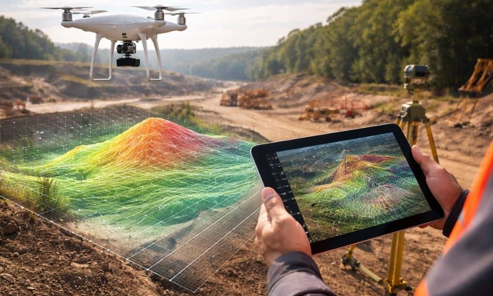 Drone and LiDAR mapping workflow used in modern land surveying to capture terrain data and site conditions