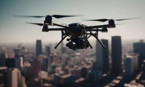 Professional drone land surveying taking place above a dense urban skyline with high-rise buildings