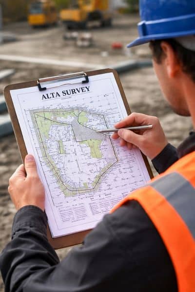 ALTA survey map being reviewed by a land surveyor to confirm property boundaries and easements