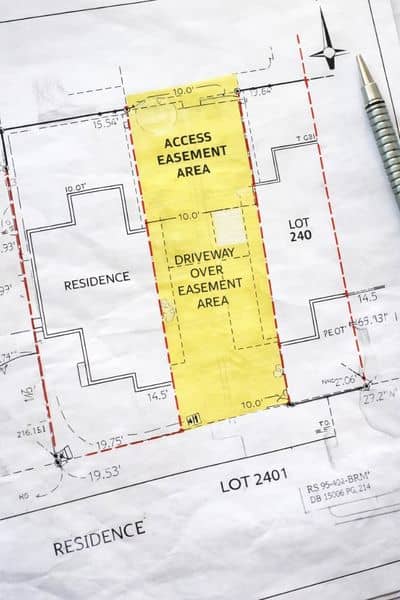 Close-up of a residential survey plan showing a shared driveway and easement area between two properties, often reviewed by surveying companies to clarify access rights