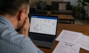 Homeowner looking confused while reviewing a digital parcel map that does not match actual property boundaries, highlighting property survey cost concerns