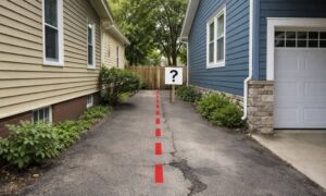 Two neighboring homes sharing a narrow driveway with unclear property boundaries, showing a common access issue that often requires surveying companies to resolve