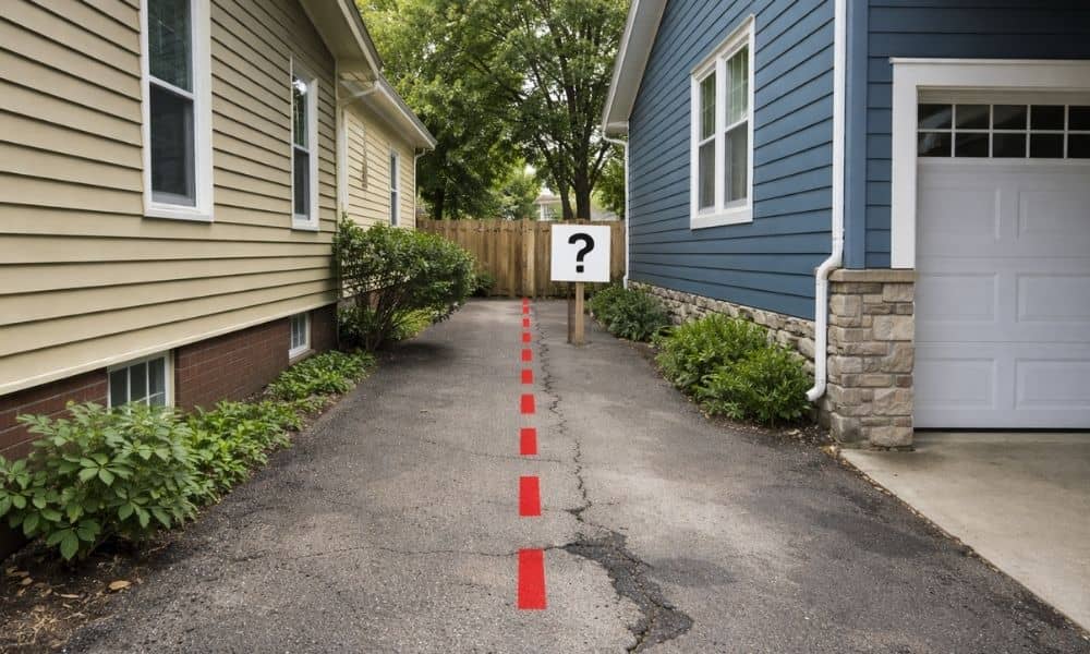 Two neighboring homes sharing a narrow driveway with unclear property boundaries, showing a common access issue that often requires surveying companies to resolve