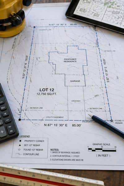 Detailed site plan showing boundary lines, elevation notes, and measurements reviewed before a construction survey