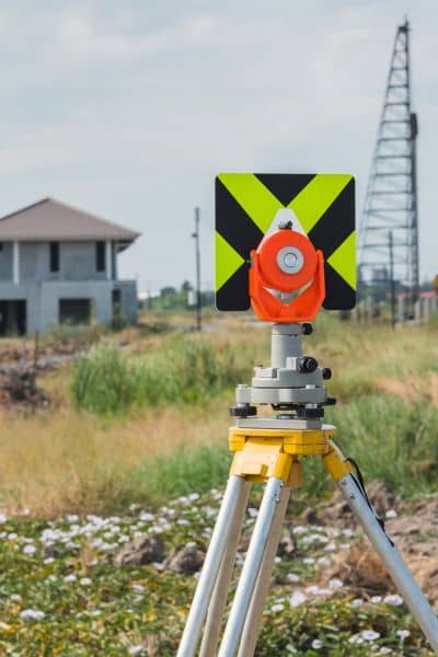 Surveying equipment set up near homes to measure property lines during a lot line adjustment
