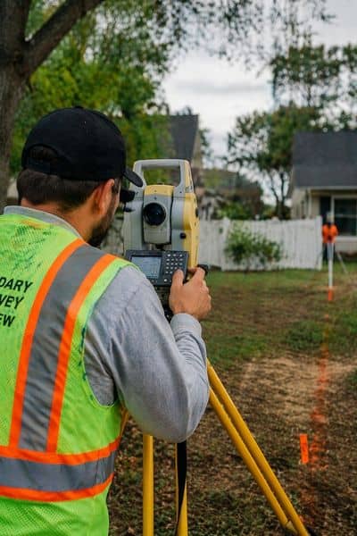 Land surveyor using field equipment to measure property boundaries, showing the detailed work that affects property survey cost