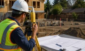 Surveyor reviewing site plans and measuring layout on a construction site before a construction survey