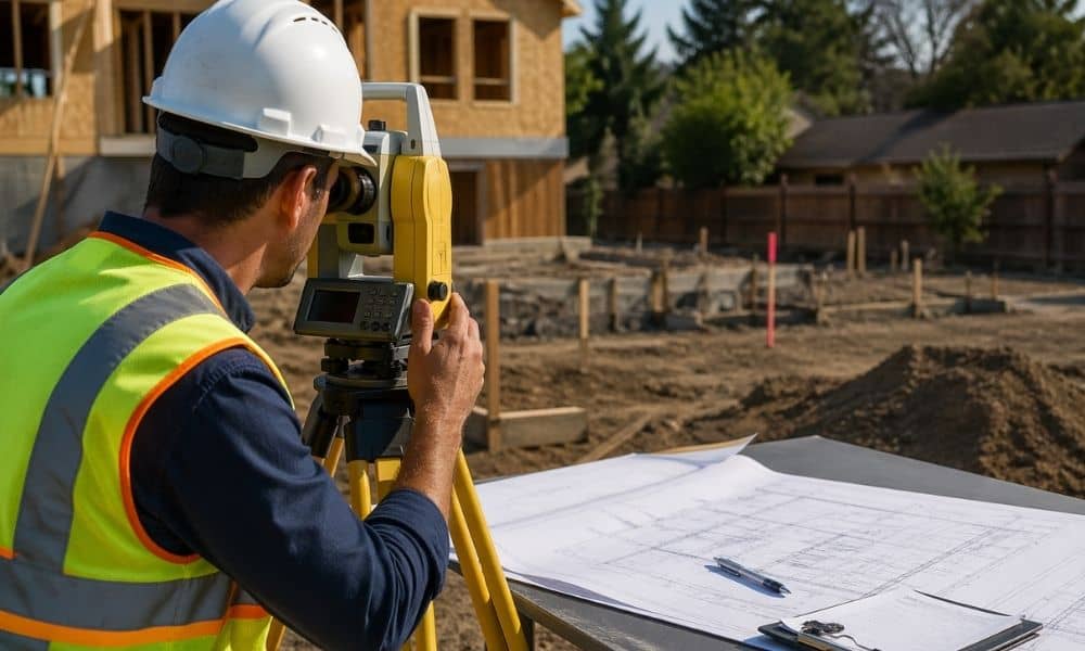 Surveyor reviewing site plans and measuring layout on a construction site before a construction survey