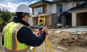 Land surveyor using surveying equipment to document a completed residential construction project for an as-built survey