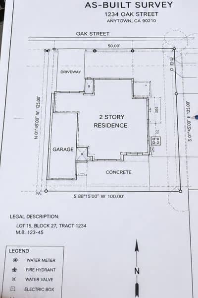 Detailed as-built survey plans and site documents being reviewed with measurements, elevations, and property layout information